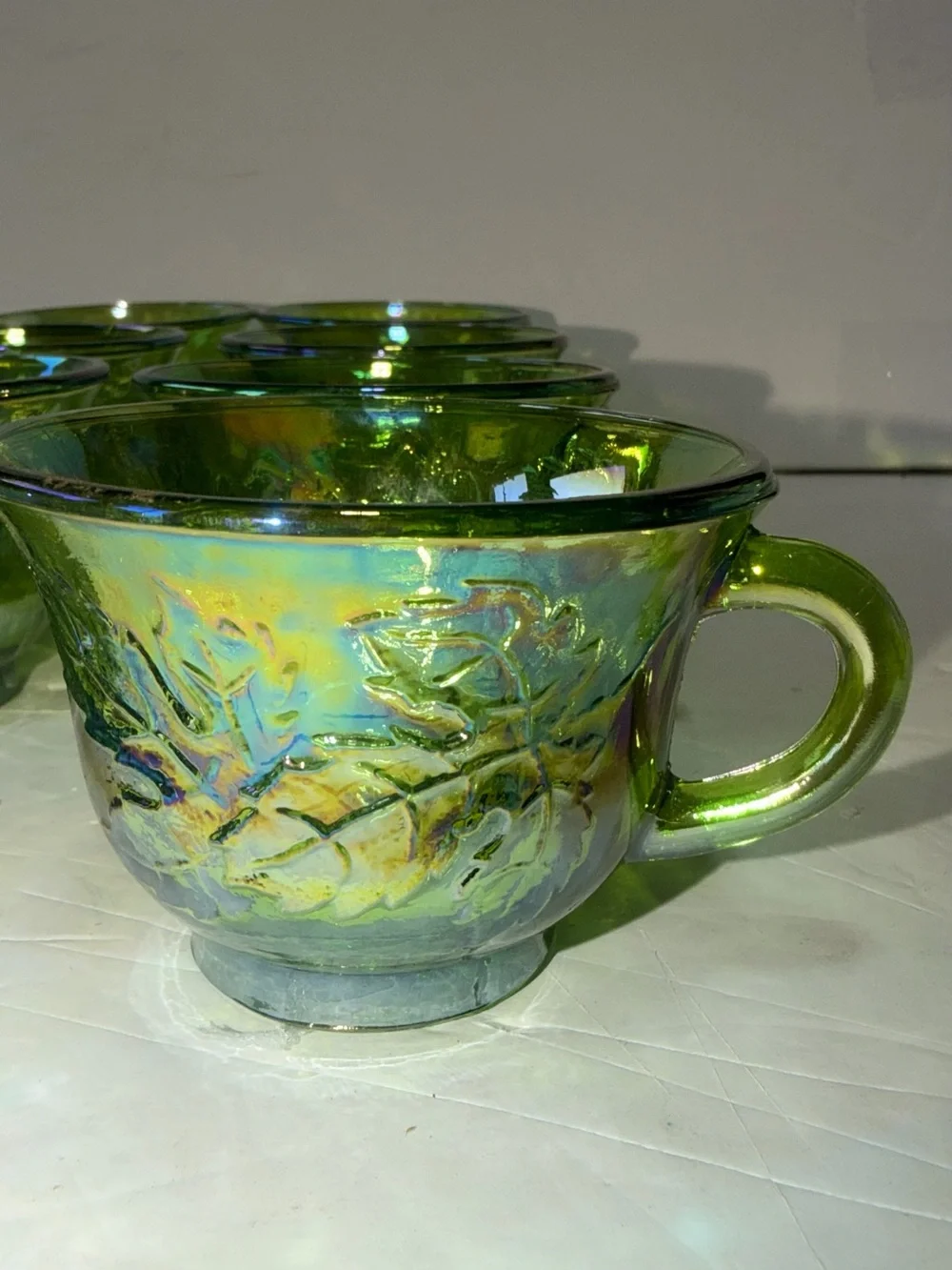 Indiana Glass Green Iridescent Grape Pattern Cups - Set of 12